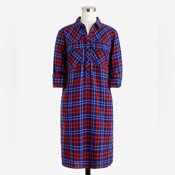 J. Crew Blue Red Button Up Flannel Long Sleeve Shirt Dress Mini Collared XS - Picture 1 of 5